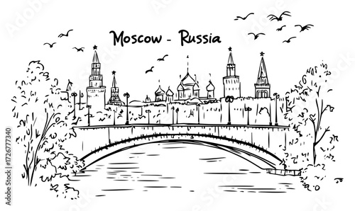 Moscow Kremlin towers and onion-domed cathedrals rising above river bridge – detailed Russian capital cityscape sketch