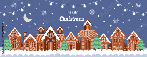 Christmas gingerbread house. Village winter landscape with snow. Cute New Year background. Holiday panorama with cookie, bread dessert. Banner design. Greeting card sweet. Vector tidy decoration