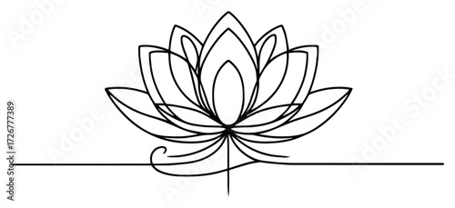 Continuous-line lotus bloom rising from calm water – elegant zen yoga emblem illustration