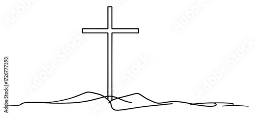 Simple continuous-line Christian cross on hill – minimal faith and hope icon vector
