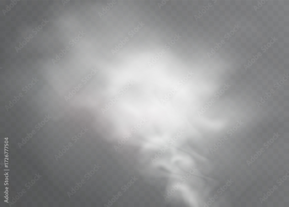 Fototapeta premium Smoke effect isolated on transparent background, abstract white steam cloud set, realistic fog design element for poster, banner, overlay, magic, weather, cooking, vaping or fire illustration.