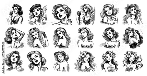 Vintage pin-up beauty portraits bundle – expressive female faces in diverse glamorous poses hand-drawn illustration