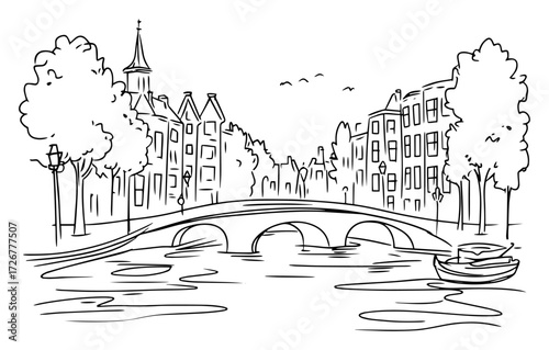 Picturesque Amsterdam canal scene with arched stone bridge, tall gabled houses and moored boat under leafy trees – Dutch cityscape sketch illustration