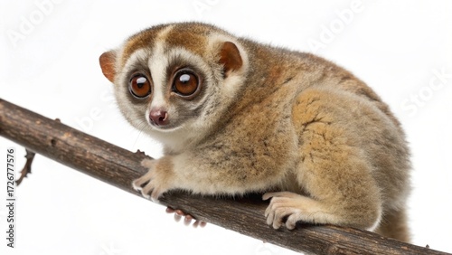 Loris with large round eyes and soft fur sitting on a branch, isolated on a clean white studio background with sharp focus and professional lighting