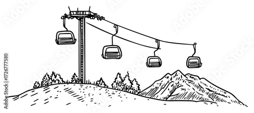 Mountain cable car gondolas gliding above alpine slopes and pine ridge – scenic ski-lift line-art illustration