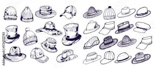 Summer Hats vintage collection for elegant men,woman, female and ladies. Fedora Derby Deerstalker Homburg Bowler Straw Beret Captain Cowboy Porkpie Boater. Retro fashion set. English style. Hand drawn