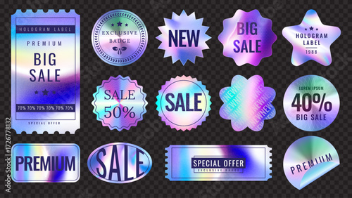 Sticker hologram. Sale label. Gradient holographic foil badge. New offer stamp. Discount tag. Neon texture shape. Iridescent retro paper. Marketing icon. Quality emblem. Vector techno shiny logo set