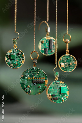 A creative display of jewelry crafted from salvaged circuit boards, emphasizing e-waste upcycling and modern artistry.