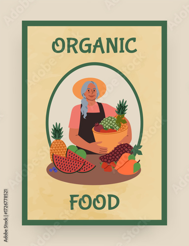 Local farm. Farmer selling vegetables at stall. Market kiosk. Organic food. Natural farming fruits bazaar. Elderly woman with harvest baskets. Garden watermelon and pineapple. Vector poster design