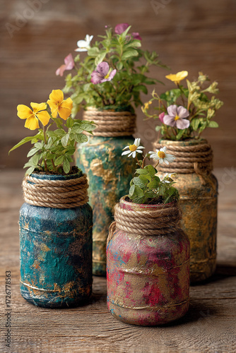 A group of friends upcycling old glass jars into decorative plant holders with paints and ropes.