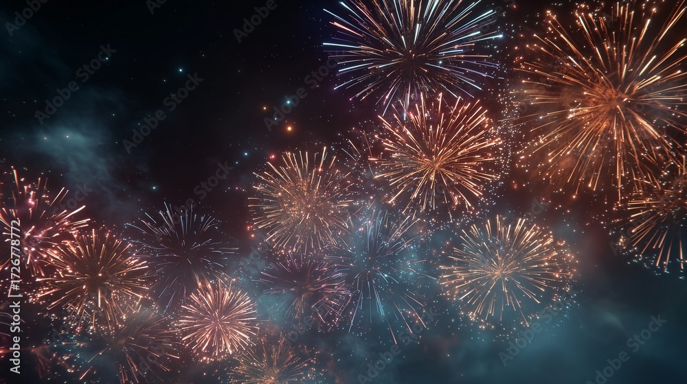 Fototapeta premium Fireworks burst in the night sky, filling the sky with fireworks and shimmering light. Vibrant fireworks illuminate the darkness, creating patterns across the sky.
