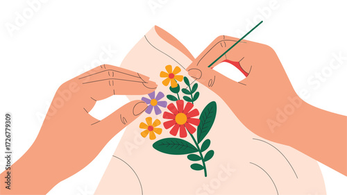 Embroidery Art: Hands Creating a Floral Design on Fabric with Needle and Thread, Illustration for Craft Projects and Creative Hobbies Concept