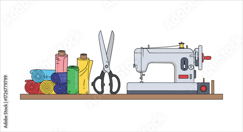 Vintage Sewing Station: Colorful Fabric Rolls, Sharp Scissors, and a Classic Sewing Machine on a Wooden Shelf, Ideal for Tailoring Projects