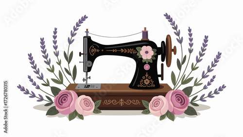 Elegant Vintage Sewing Machine Surrounded by Lavender and Roses: A Nostalgic Embrace of Craftsmanship and Floral Beauty in Vector Illustration
