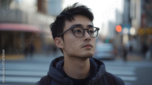An Asian man with trendy glasses, walking along a crosswalk, deep in thought