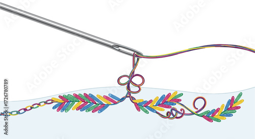 Needle and Thread Rainbow Design: Sewing Craft Art, Abstract Art, Colorful Threadwork, Tailoring Concept, Creative Design with Needle, Decorative Stitching