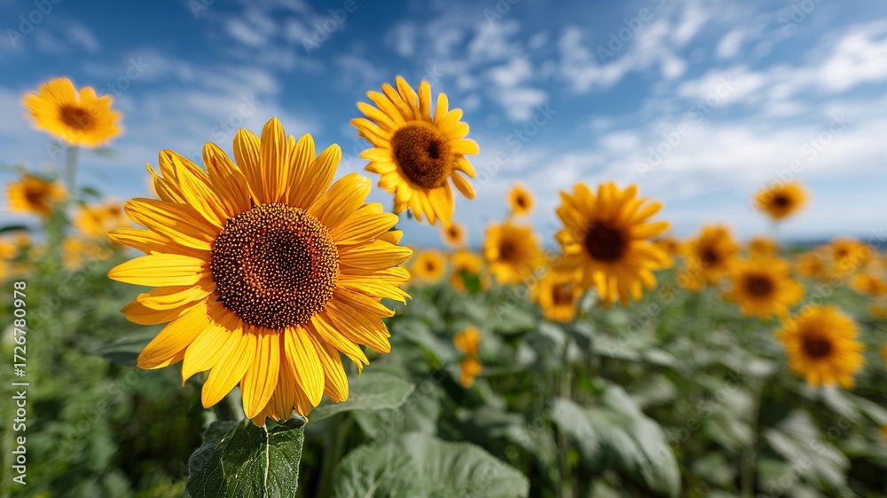 Fototapeta premium field of sunflowers shot from ground level, giant blooms towering overhead against a deep blue sky