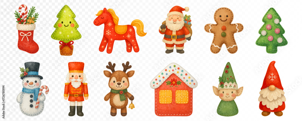 Fototapeta premium Big Christmas set with Santa, tree, horse, gingerbread, snowman, nutcracker, elf, gnome, reindeer and festive stocking, cozy holiday watercolor illustrations. Vector illustration.