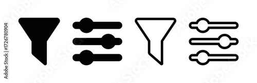 Filter icon set, Solid and line filter symbols, vector icon pack for user interface controls
