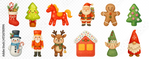 Big Christmas set with Santa, tree, horse, gingerbread, snowman, nutcracker, elf, gnome, reindeer and festive stocking, cozy holiday watercolor illustrations. Vector illustration.