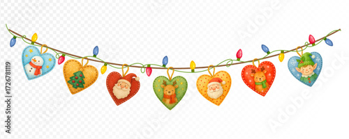 Felt style watercolor Christmas garland with stitched colorful hearts, Santa, snowman, reindeer, elf, tree and lights, cute handmade festive holiday decoration design. Vector illustration.