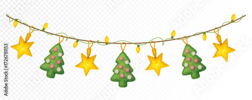 Christmas garland with stars and decorated trees, festive holiday watercolor decoration with glowing lights for cozy winter celebrations. Vector illustration.