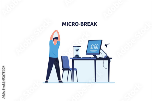 Illustration of a man stretching during a micro-break at his desk, with a computer, hourglass, and chair visible.