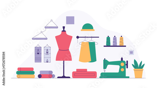 Sewing Studio Flat Illustration Featuring a Mannequin, Sewing Machine, Fabrics, Threads and Clothes Hangers for Tailoring, Fashion Design, and Textile Arts.