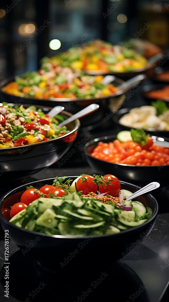 Fototapeta premium Fresh salad bar offers healthy choices with vibrant tomatoes, cucumbers, and greens for a delicious meal