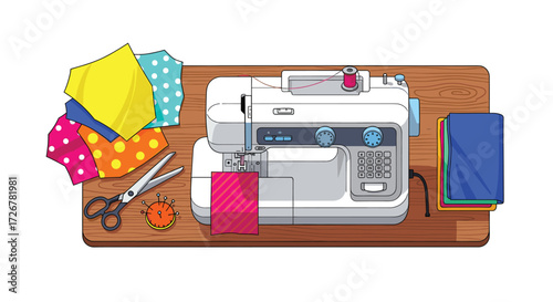 Sewing Machine with Colorful Fabrics and Accessories: A Top-Down Illustration for Sewing, Crafting, and Design Projects with a Creative Flair