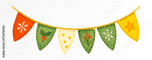 Christmas felt garland with festive flags decorated with snowflakes, holly, berries and stars, cozy holiday watercolor bunting. Vector illustration.