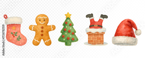 Christmas set with stocking, gingerbread man, decorated tree, Santa in chimney and festive hat, cozy holiday watercolor illustrations. Vector illustration.