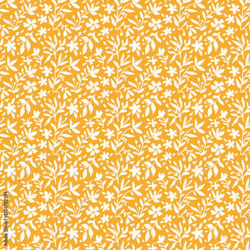 White flowers on yellow background seamless pattern. Botanical hand drawn repeat print. Silhouette floral design on mustard for textile, wrapping paper, fabrics and more.