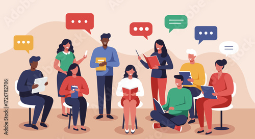 A flat design illustration of a diverse group of authors and readers engaged in an animated panel discussion, representing the intellectual exchange and community spirit of the Ubud Writers & Readers 