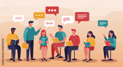 A flat design illustration of a diverse group of authors and readers engaged in an animated panel discussion, representing the intellectual exchange and community spirit of the Ubud Writers & Readers 