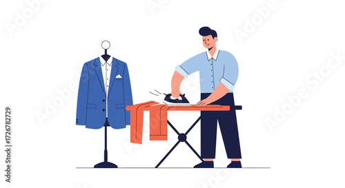 Man Ironing Clothes at Home with Suit on Display, Laundry, Ironing, Garment Care and Domestic Chores Concept in Illustration Style