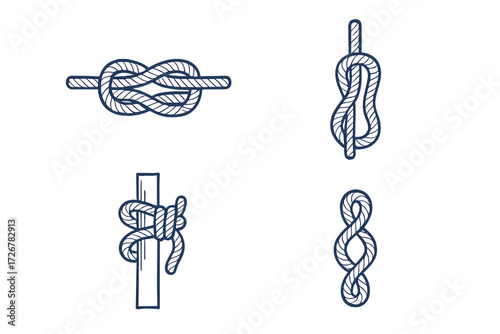 Set of diverse rope knots including square knot, figure eight, and cleat hitch for maritime activities and outdoor adventures