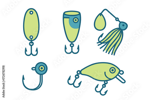 Variety of fishing lures and tackle including spoons, crankbaits, and spinnerbaits for recreational angling
