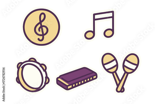 Collection of musical instruments and symbols including treble clef, note, tambourine, harmonica, and maracas