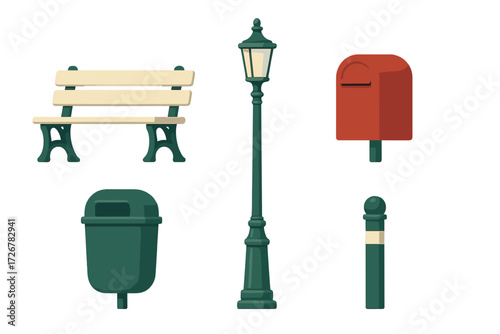 Urban street furniture elements set with park bench, street lamp, mailbox, trash can, and bollard