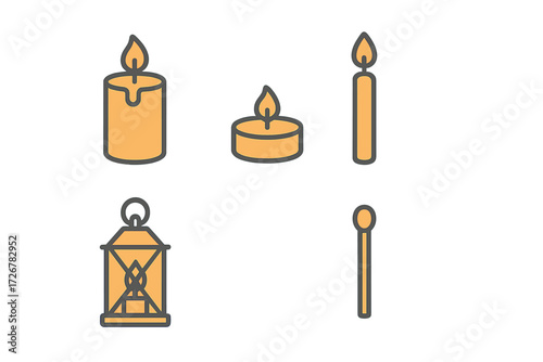Various illuminated candles including pillar, tealight, and stick, alongside a classic lantern and a wooden matchstick