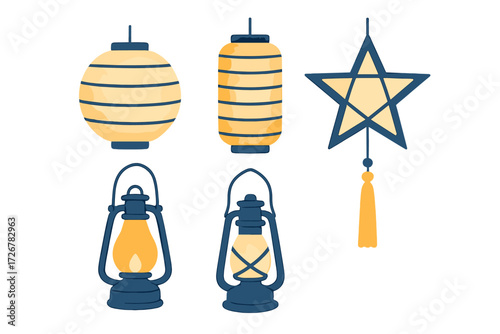Decorative collection of traditional lanterns, modern paper lamps, and a star ornament with a tassel