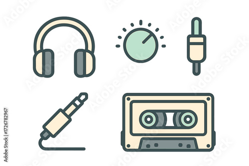 Retro music audio equipment set featuring headphones, cassette tape, volume knob, and various audio jacks