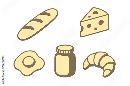 Assortment of breakfast and bakery items including baguette, croissant, cheese, fried egg, and jam jar