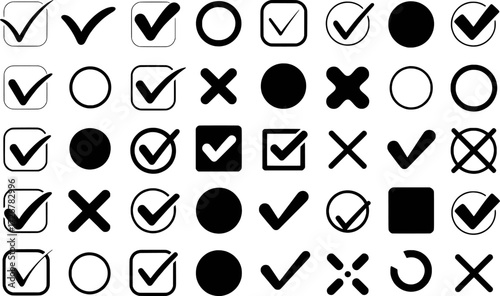 Collection of Black and White Checkmarks, Crosses, Circles, and Squares Icons