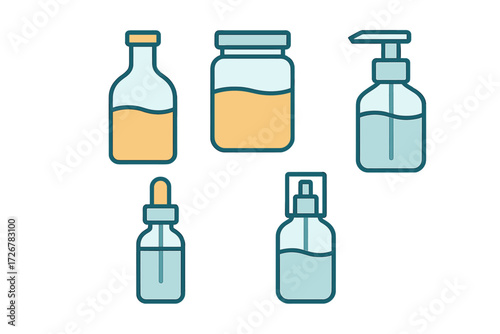 Assortment of cosmetic and pharmaceutical containers with pump, dropper, and spray bottles for beauty and health products