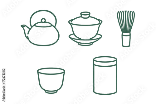 Traditional Asian tea ceremony utensils and accessories including teapot, gaiwan, whisk, cup, and caddy