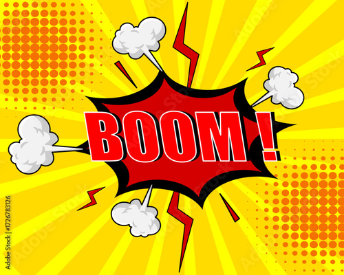Comic Book Explosion with BOOM Text, Lightning and Smoke Vector Illustration Cartoon Design