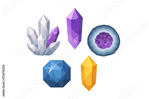 Assortment of vibrant faceted crystals and natural geode mineral formations in various shapes and colors