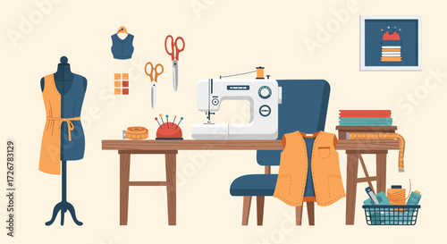 Bright and Cheerful Sewing Room with Mannequin, Sewing Machine, and Fabric - Tailoring and Fashion Design Illustration